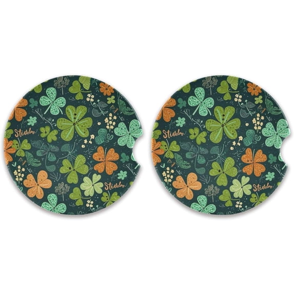 Coolnut Car Coaster 2 Pack, St. Patrick's Day Clover Absorbent Ceramic Cup Holder Coaster with Fingertip Grip for Car Van Wheels Boats Trucks Home Decor