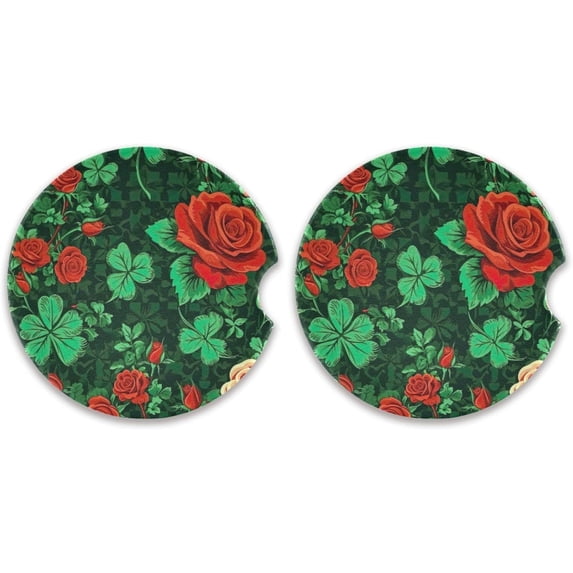 Coolnut Car Coaster 2 Pack, St. Patrick's Day Rose Absorbent Ceramic Cup Holder Coaster with Fingertip Grip for Car Van Wheels Boats Trucks Home Decor