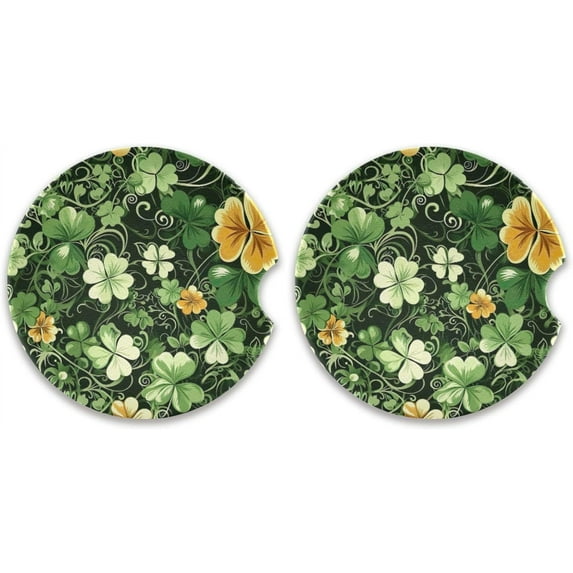 Coolnut Car Coaster 2 Pack, St. Patrick's Day Shamrock Absorbent Ceramic Cup Holder Coaster with Fingertip Grip for Car Van Wheels Boats Trucks Home Decor