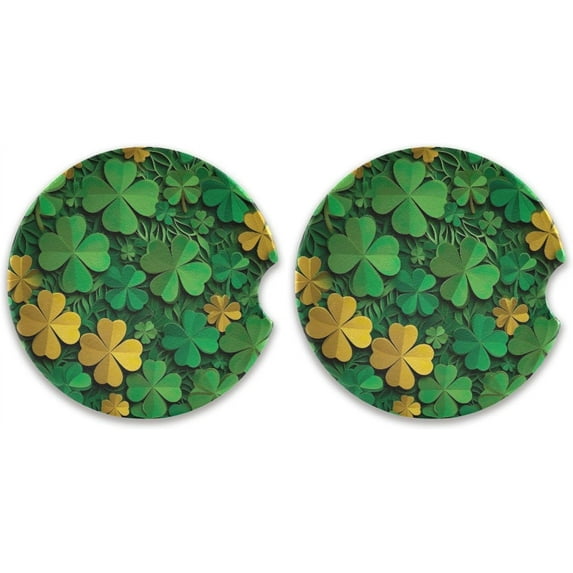 Coolnut Car Coaster 2 Pack, St. Patrick's Day Shamrock Absorbent Ceramic Cup Holder Coaster with Fingertip Grip for Car Van Wheels Boats Trucks Home Decor