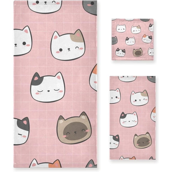 Coolnut Cartoon Cat Bath Towels Soft Absorbent Bath Towels Bath Towel Set of 3 for Home Hotel Bathroom Decor