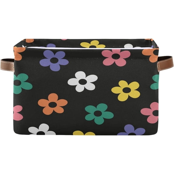 Coolnut Cartoon Colored Flower Large Square Storage Basket Bin with Handles 2PCS, Foldable Multi Functional Closet Storage Box Shelf Basket for Storing Toys, Books and Clothes Decor Gifts