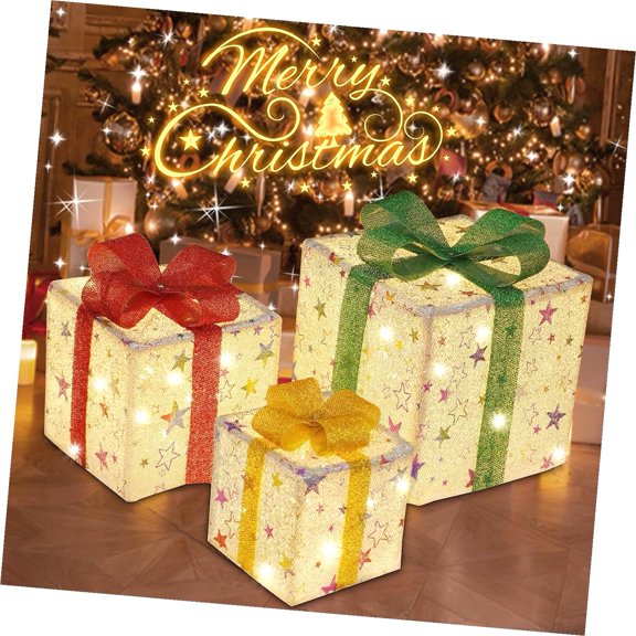 Coolnut Christmas Lighted Boxes Large, Set of 3 Light Boxes for Christmas Tree, Lighted 48 Present Boxes Christmas Lighted Display (Silver Star)
