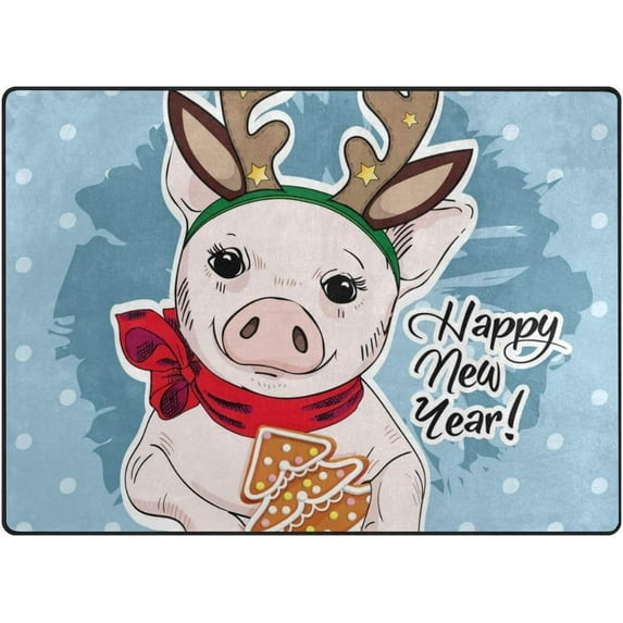 Coolnut Christmas Pig with Horns Lightweight Carpet Mats, 5'3" x 4' Area Soft Rugs, Floor Mat Rug Home Decoration for Kids Room Living Room, 63"x 48"