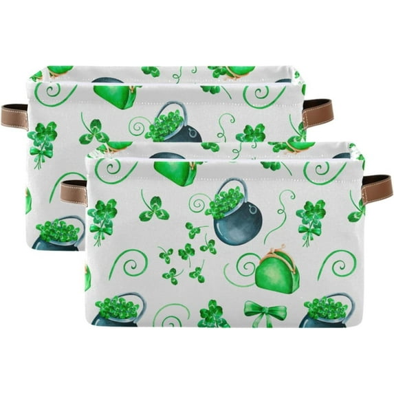 Coolnut Clover Leaves Pattern (1) Foldable Storage Basket for Shelves, Collapsible Sturdy Storage Bin with Handles, Canvas Storage Cube for Organizing Closet 2PCS Home Decor