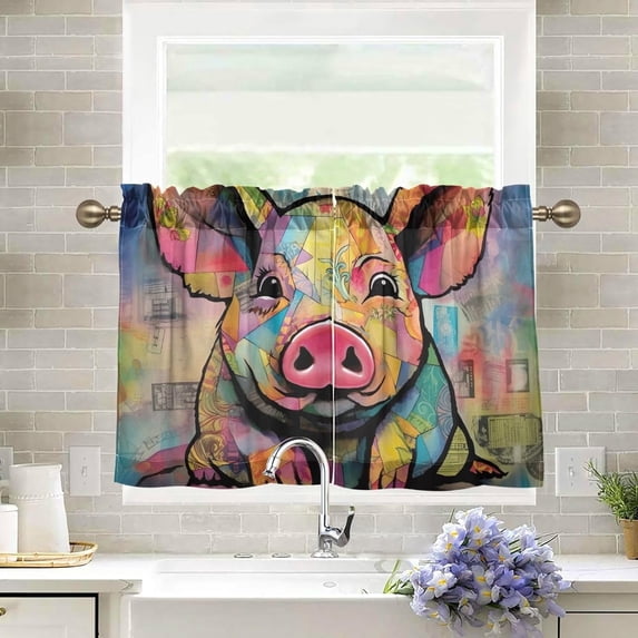 Coolnut Colorful Art Pig Half Window Tier Curtains 36 Inch Blackout Thermal Insulating Kitchen Linen Tier Curtains for Kitchen, Bathroom, Cafe Home Decor