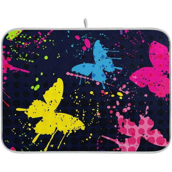 Coolnut Colorful Butterflies Dish Drying Mat for Kitchen, 16 x 18 Inch Microfiber Absorbent Dish Drying Pad, Machine Washable Kitchen Counter Protect Mats