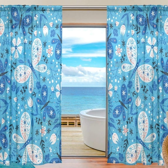 Coolnut Colorful Butterflies and Flowers Semi Sheer Curtains Window Voile Drapes Panels Treatment-55x78in for Living Room Bedroom Kids Room, 2 Pieces