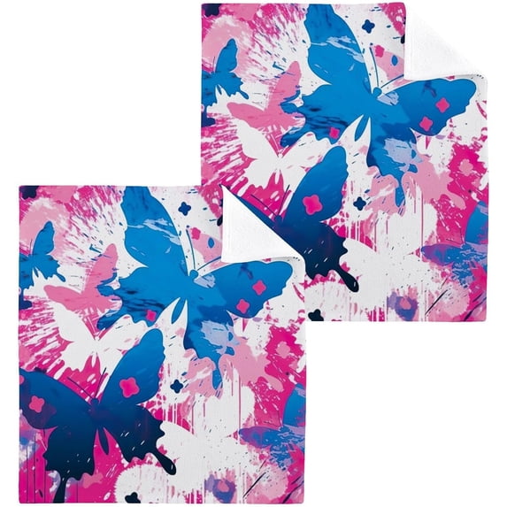 Coolnut Colorful Butterfly Washcloths Set of 2-12 x 12 inch Pure Cotton Wash Cloth Highly Absorbent and Soft Fingertip Towels Face Cloths for Bath, Spa Wash cloth