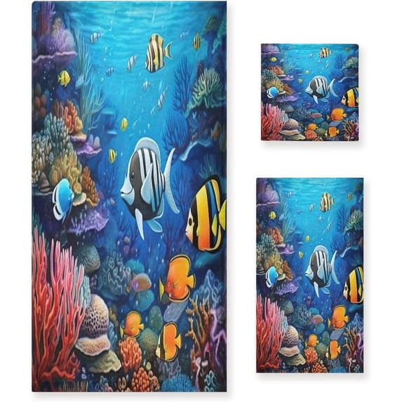 Coolnut Colorful Fish Reef Bath Towels Absorbent Bath Towels Set Soft Towel Set for Home Hotel Decor Gym Swim, 3 Piece Wash cloth
