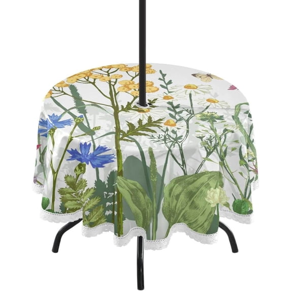 Coolnut Colorful Herbs Round Table Cloth, Heat Resistant Table Cover with Umbrella Hole and Zipper for Outdoor Camping Picnic Party BBQ, 60"