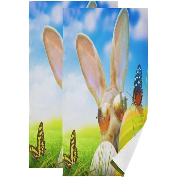 Coolnut Cool Easter Rabbit Eggs Hand Towels 2 PCS, Butterfly Flowers Kitchen Towel Ultra Soft and Highly Absorbent,Decorative Fingertip Face Towel for Bathroom Hotel, 28.3"x14.4"