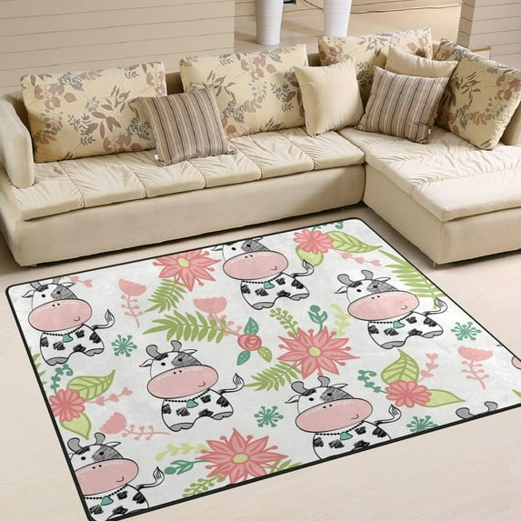 Coolnut Cows Flowers Leaves Lightweight Area Rugs Carpet Mats Floor Rug Home Decor for Kids Room Living Room, 63"x 48"