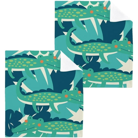 Coolnut Cute Cartoon Crocodile Wash Cloth Set of 2, 12 x 12 Inch Cotton Baby Washcloths Highly Absorbent and Soft Feel Fingertip Towels Face Towels for Bathroom, Gym, Spa Washcloth Gift