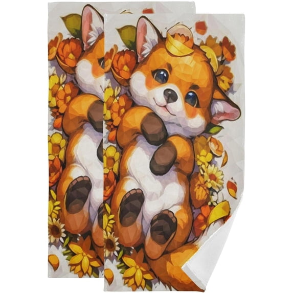 Coolnut Cute Cartoon Fox Hand Towels 2 PCS, Ultra Soft and Highly Absorbent, Autumn Fall Animal Decorative Fingertip Towel for Home, Bathroom, Kitchen, 28.3"x14.4"