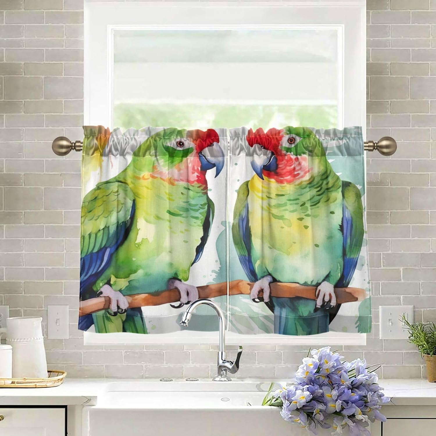 Coolnut Cute Colored Parrots Half Window Tier Curtains 24 Inch Blackout ...