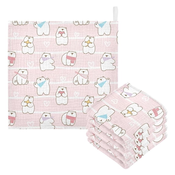 Coolnut Cute Colorful Bear Baby Muslin Washcloths Face Towel, Cartoon Pattern Burp Cloths Cotton Wipes 5 PCS Infant Wash Cloth for Newborn Boys Girls 12x12 inches