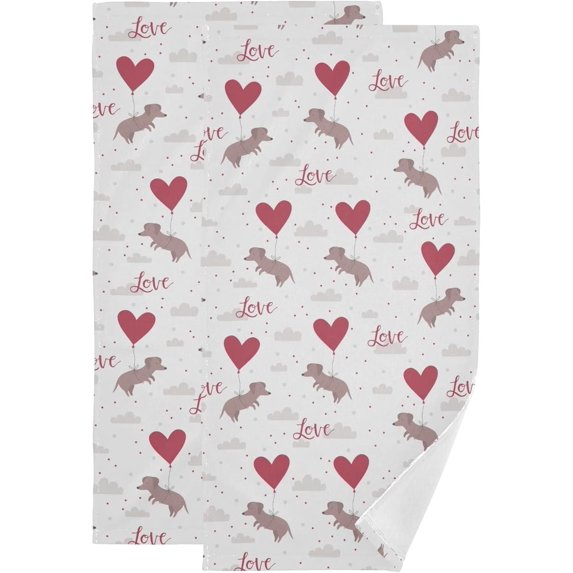 Coolnut Cute Dachshund Balloon Bath Hand Towels 2 PCS, 28.3"x 14.4" Ultra Soft and Highly Absorbent for Valentines Day Decorative Fingertip Face Towel for Home, Bathroom, Kitchen