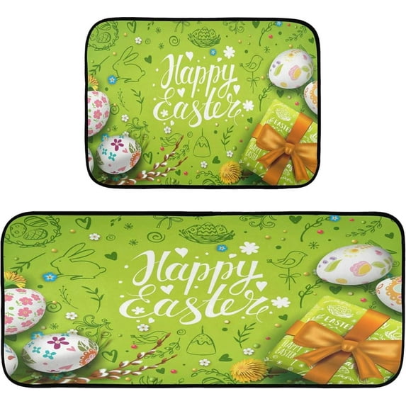 Coolnut Cute Easter Eggs Rabbit Birds Flower Gift Green Kitchen Rugs Door Mat 2PCS,Carpet Front Entrance Non-Slip Relieve Fatigue Washable Floor Mat for Kitchen Bedroom Porch