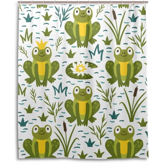 Coolnut Cute Frogs Grass On White Bath Shower Curtain Liners 60x72in 100% Polyester Waterproof with Curtain Hook