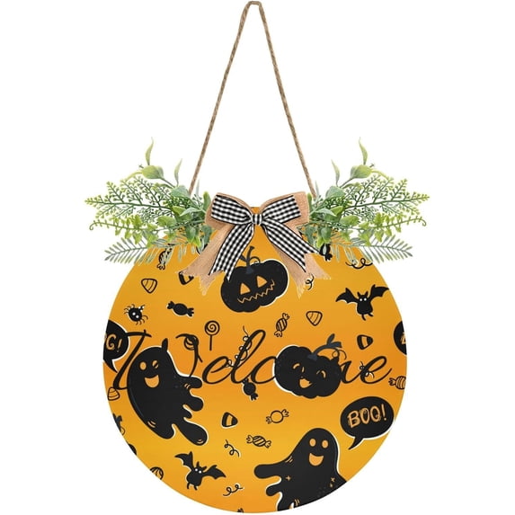 Coolnut Cute Ghost and Pumpkin Welcome Sign Front Door Round Wall Door Sign with Flowers Hanging Sign for Entryway Front Porch Hallway Yard Garden Home Decor