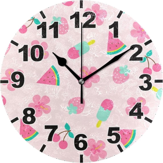 Coolnut Cute Hand Drawn Pink Hibiscus and Fruits Round Wall Clock, Battery Operated Silent Non Ticking Desk Clock for Home Bedroom Kitchen Office School Wall Clock 9.9 Inch Home Decor