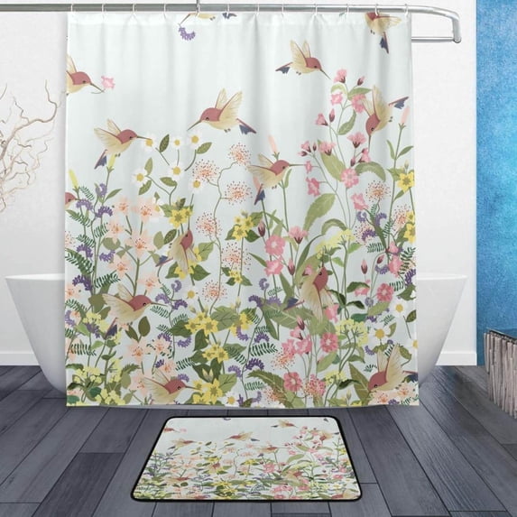 Coolnut Cute Hummingbirds Flowers Bath Curtain Rugs Sets 2 Pcs, Bathroom Theme Set with Shower Curtain and Non-Slip Carpet, 60x72in + 23.6x15.7in