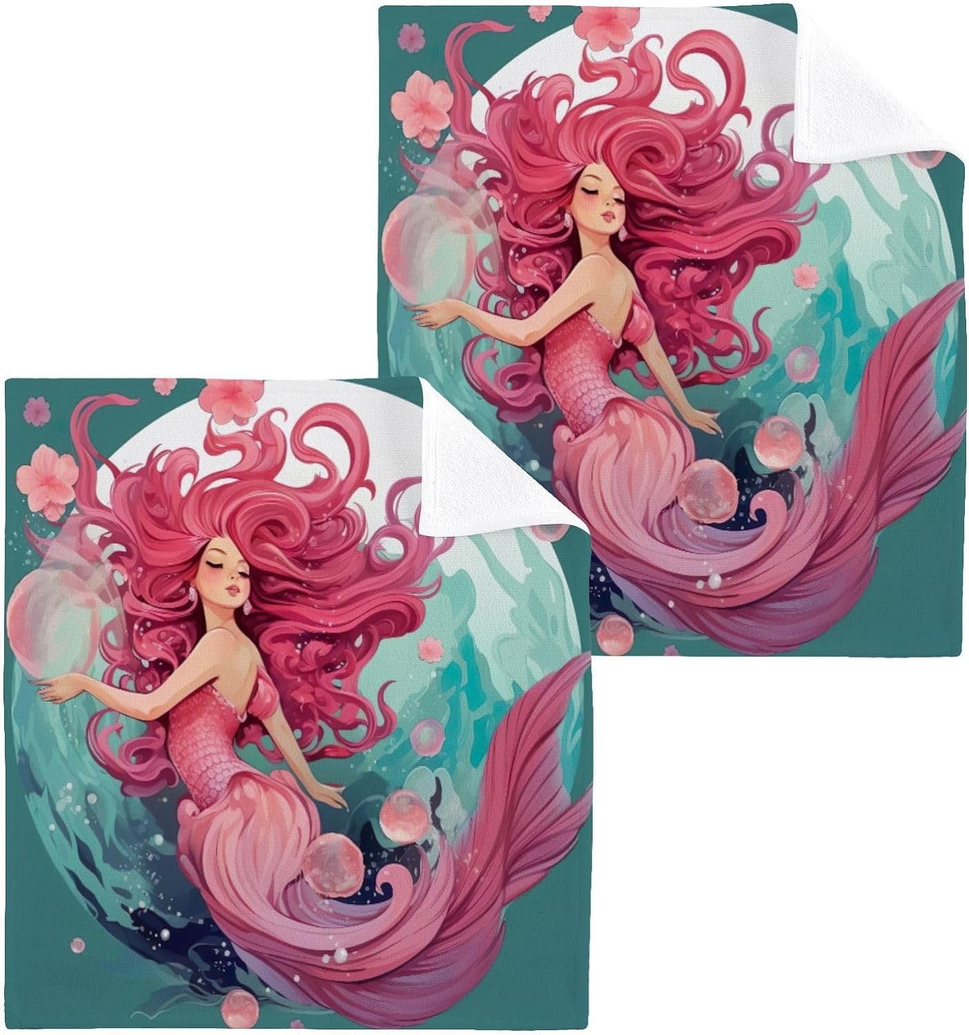 Coolnut Cute Mermaid Washcloths Set of 2-12 x 12 inch Pure Cotton Wash ...