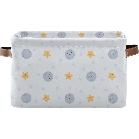 Coolnut Cute Moon Stars Storage Basket Foldable Storage Bin 2 Pack, Canvas Rectangular Storage Basket with Leather Handles for Home Closet & Office Decor Gifts