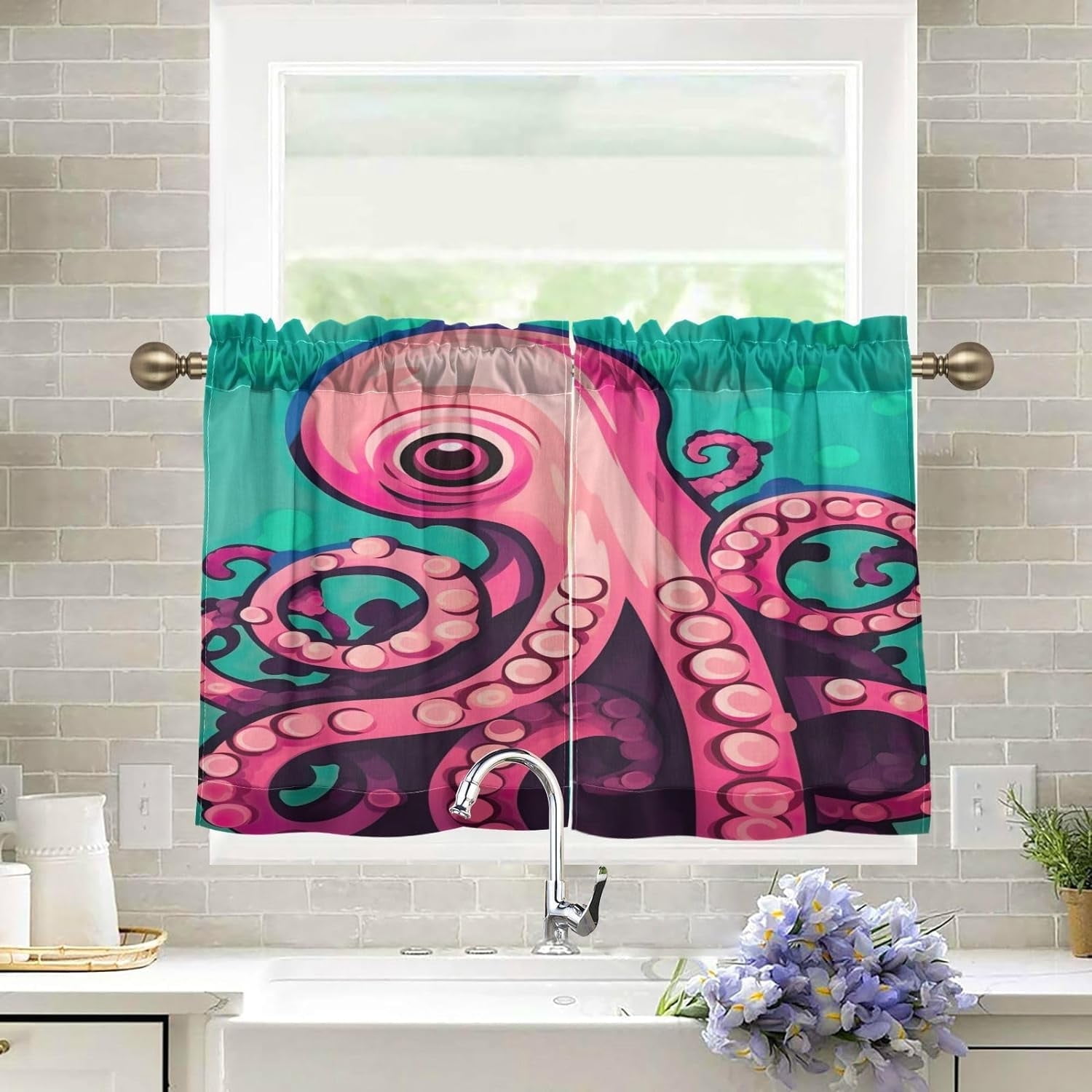 Coolnut Cute Octopuses Kitchen Curtains 36 Inch Length Blackout Thermal ...