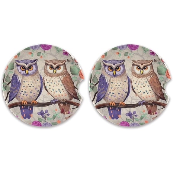 Coolnut Cute Owls Pattern Car Coasters 2 Pack Drinks Absorbent Ceramic Stone Car Coasters with Fingertip Grip Car Cup Holder Coasters Home Decor Gifts