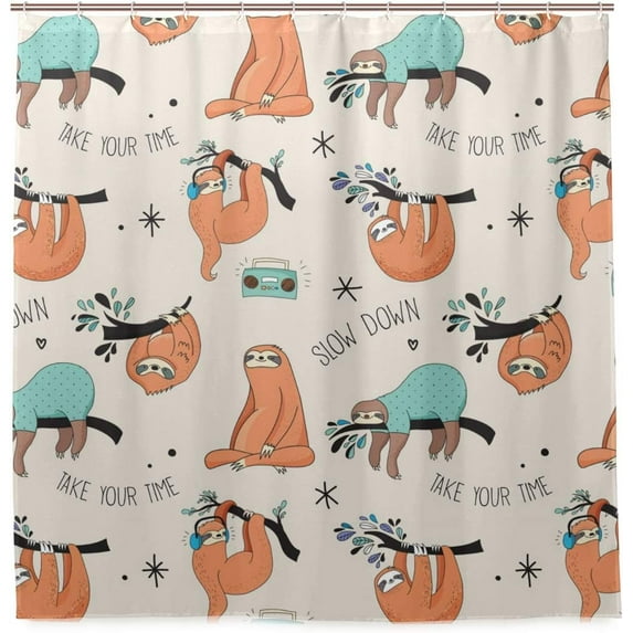 Coolnut Cute Sloth Design Bath Shower Curtain Liners 72"x72", Polyester Waterproof Bath Curtains with Hooks for Bathroom Decoration