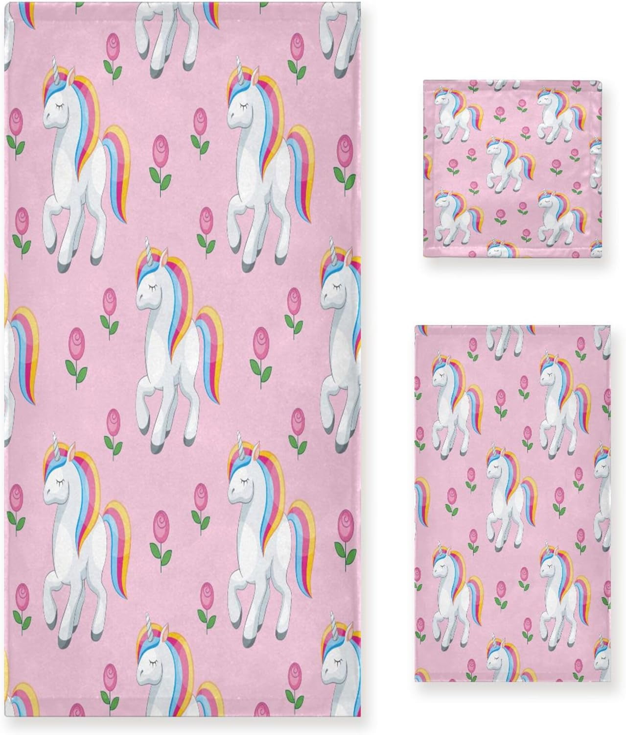 Coolnut Cute Unicorns Pink Bathroom Towel Set Absorbent Soft 3Piece