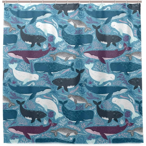 Coolnut Cute Whales and Sharks Bath Shower Curtain Liners 72"x72", 100% Polyester Waterproof with C-Shaped Curtain Hook Modern Bathroom Decoration 1 Panel