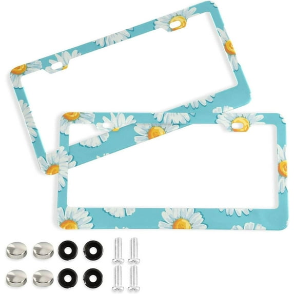 Coolnut Daisy Flower 2 Holes Car License Plate Frames 2PCS, Car License Plate Holder with Screw Caps Cover Set Automotive Exterior Parts Decoration for US Vehicles