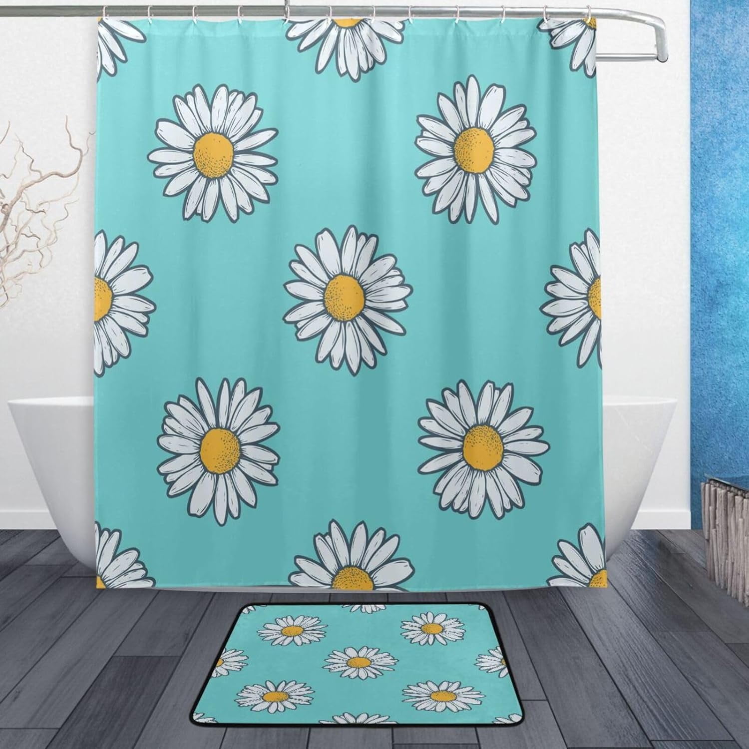 Coolnut Daisy Flower Shower Curtain Set, with Rug and Shower Curtain ...