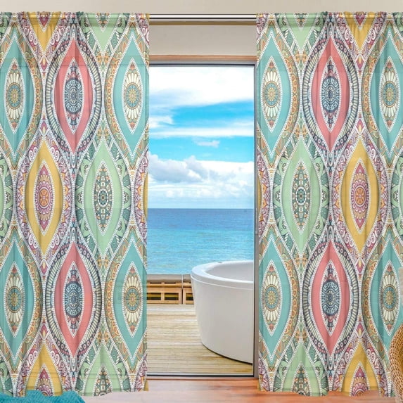 Coolnut Decorative Ethnic Design Semi Sheer Curtains Window Voile Drapes Panels Treatment-55x78in for Living Room Bedroom Kids Room, 2 Pieces