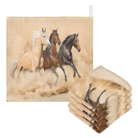 Coolnut Desert Running Horses Baby Muslin Washcloths Face Towel, Burp Cloths Cotton Wipes 5 PCS Infant Wash Cloth for Newborn Boys Girls 12x12 inches