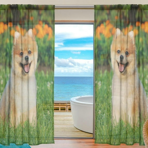 Coolnut Dog and Flowers Sheer Gauze Door Curtain Window Curtain Drapes for Living Room Kids Bedroom Window Treatment W55 x L84 In 2 Panels