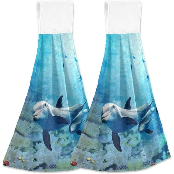 Coolnut Dolphin Corals Kitchen Towels Set of 2, Hanging Hand Towels with Loop Soft Absorbent Durable for Bathroom Kitchen Decor Washcloth Gift