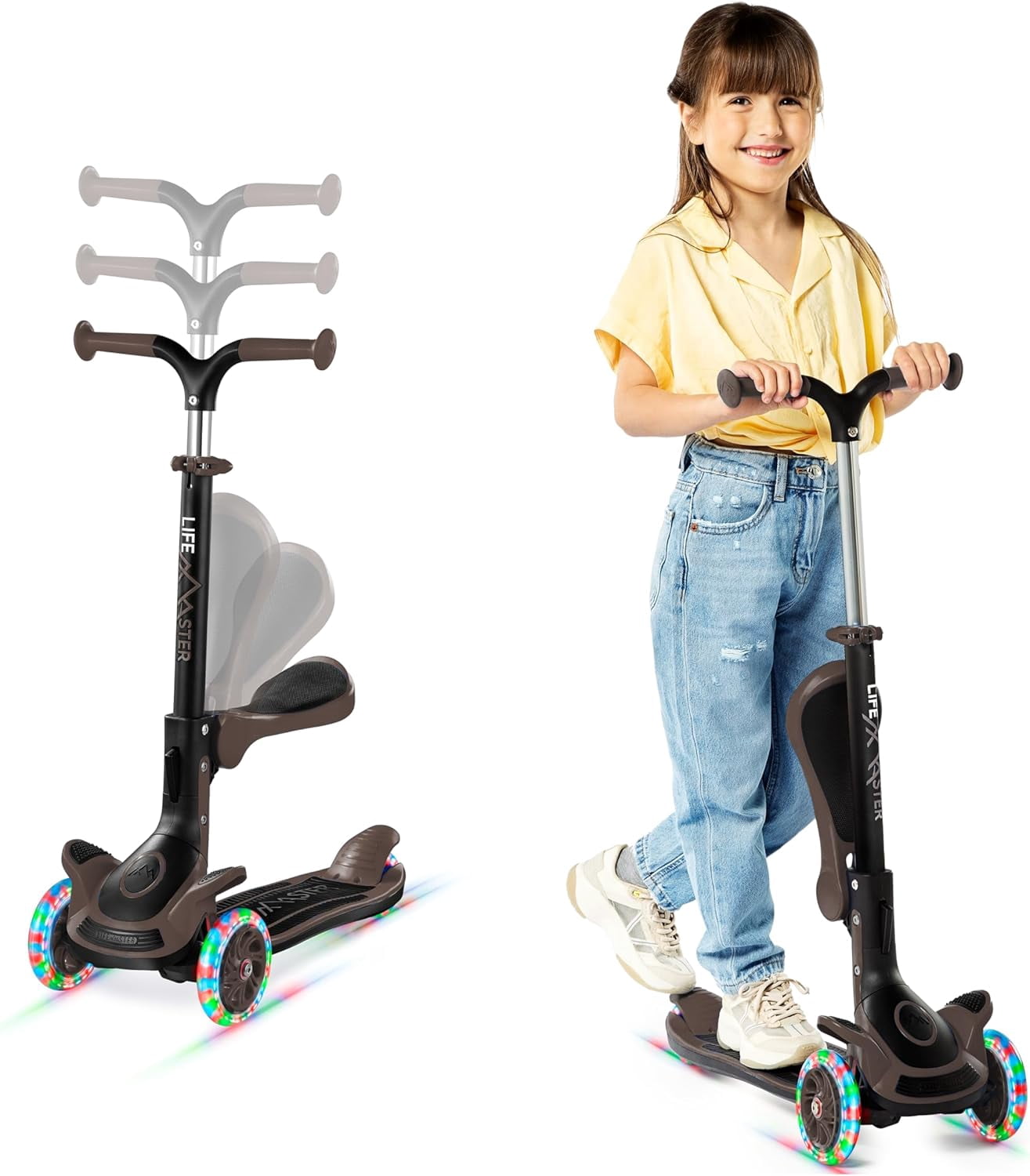 Lifemaster 3 Wheel Kids Scooter with Foldable Seat, Adjustable Handlebar, Lean-to-Steer LED Light-Up Wheels, Wide Anti-Slip Deck for Ages 2+