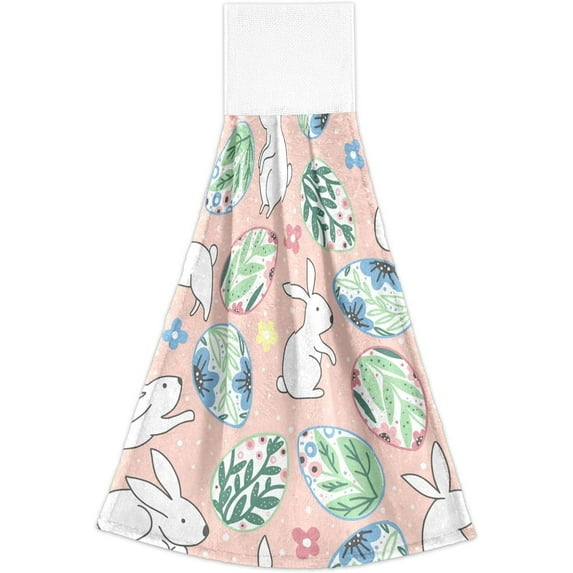 Coolnut Easter Bunny Hanging Towel Set of 2, Absorbent Soft Coral Velvet Hand Towel with Hanging Loop for Bathroom, Kitchen, Home Decor, 14 x 18 Inch Washcloth Gift