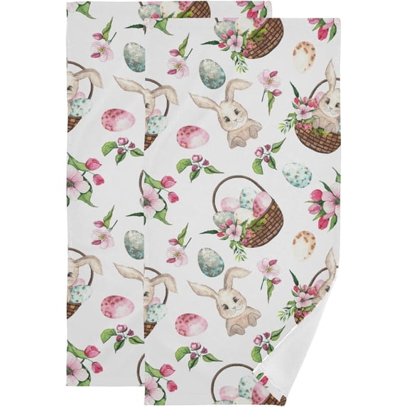 Coolnut Easter Bunny Rabbit Hand Towels 2 PCS, Eggs Flowers Basket Kitchen Towel Ultra Soft and Highly Absorbent,Decorative Fingertip Face Towel for Bathroom Hotel, 28.3"x 14.4"