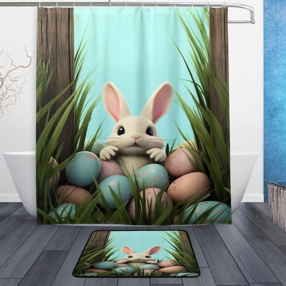 Coolnut Easter Cute Rabbit Bath Curtain Rugs Sets 2 Pcs, Bathroom Theme Set with Shower Curtain and Non-Slip Carpet -12 Hooks-60X72in438 Home Decor