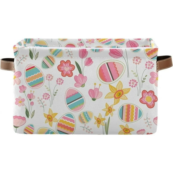 Coolnut Easter Egg Flowers Storage Basket Collapsible Toy Storage Bins Canvas Storage Basket with Leather Handles for Home Closets Offices, Bedrooms, Kids Toy and Gift Baskets, 2PCS Decor Gifts
