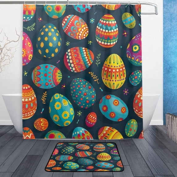 Coolnut Easter Eggs Bath Curtain Rugs Sets 2 Pcs, Bathroom Theme Set with Shower Curtain and Non-Slip Carpet -12 Hooks-60X72in101 Home Decor