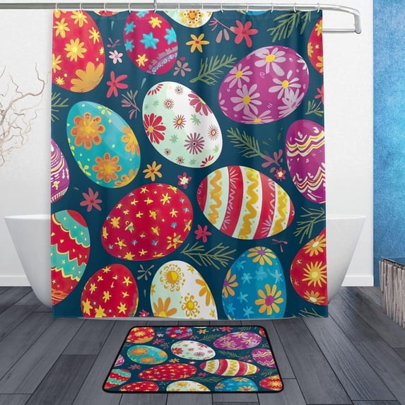 Coolnut Easter Eggs Bath Curtain Rugs Sets 2 Pcs, Bathroom Theme Set with Shower Curtain and Non-Slip Carpet -12 Hooks-60X72in83 Home Decor