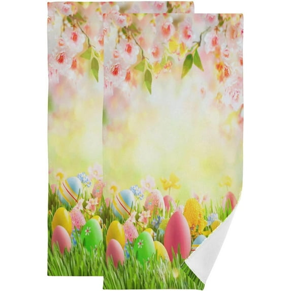 Coolnut Easter Eggs Bunny Hand Towels 2 PCS, Spring Flowers Meadow Kitchen Towel Ultra Soft and Highly Absorbent,Decorative Fingertip Face Towel for Bathroom Hotel, 28.3"x14.4"