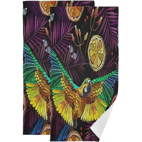 Coolnut Embroidery Parrot Lemon Hand Towels 2 PCS, Tropical Leaf Kitchen Towel Ultra Soft and Highly Absorbent,Decorative Fingertip Face Towel for Bathroom Hotel, 28.3"x14.4"
