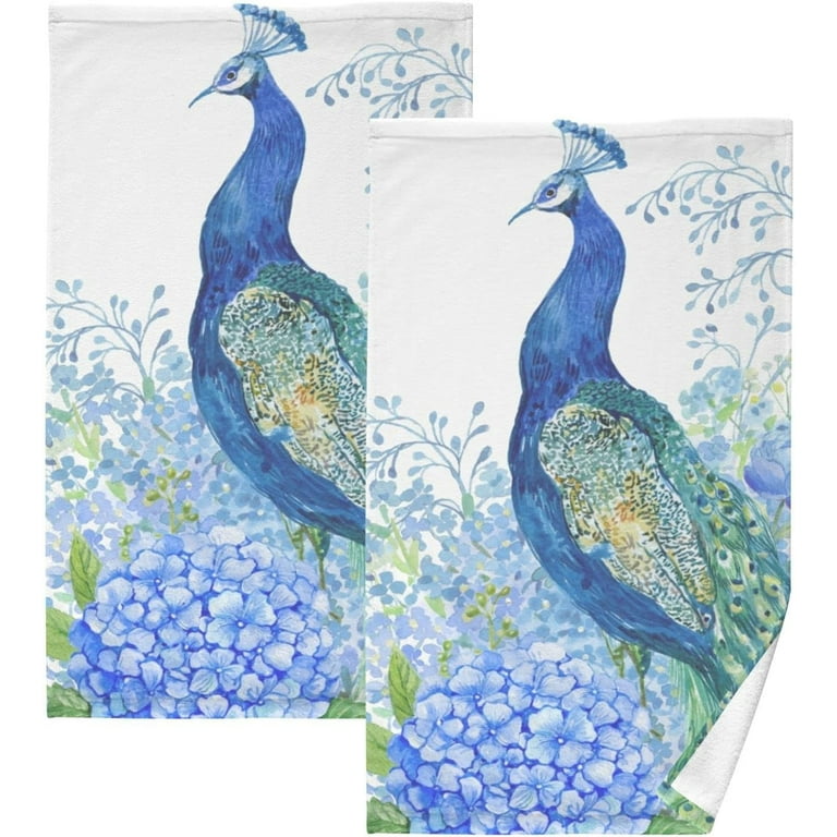 Coolnut Face Hand Towel Set Big Bird and Peacock Blue Flowers Cotton Washcloths Quick Dry Highly Absorbent Bath Towel Pack of 2